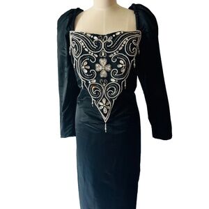 Vintage Haute Couture Claire Black Satin Rhinestone Embellished Dress L